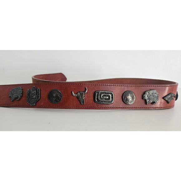 Another Line Inc Brown Leather Belt Indian Head Buckle Studs - Picture 6 of 7